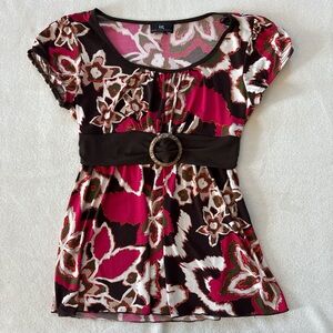 Y2K Women's Large IZ Byer of California Pink Brown Floral Short Sleeve with Belt